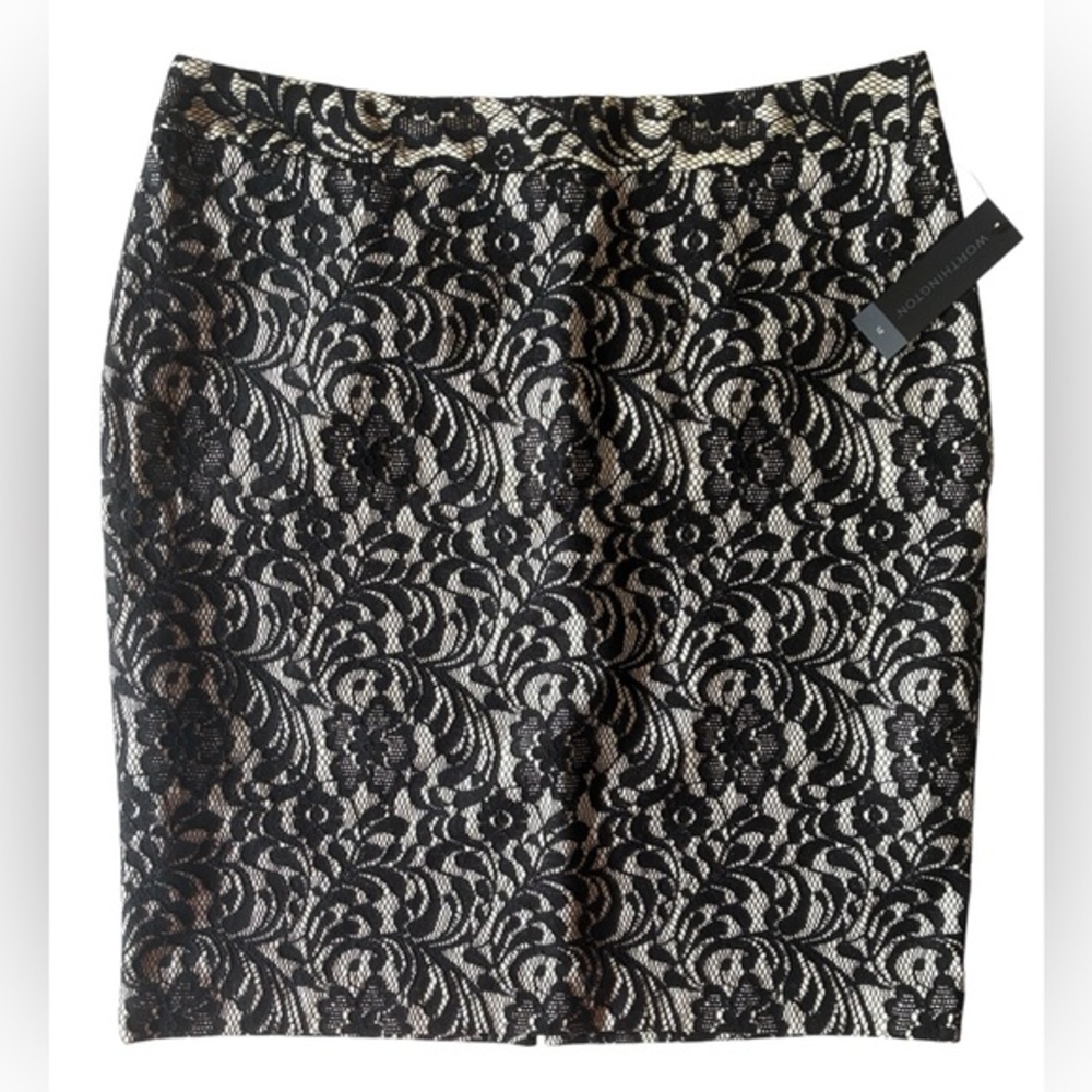 Worthington Black Lace Overlay Pencil Skirt, Size 12, Fully Lined, NWT